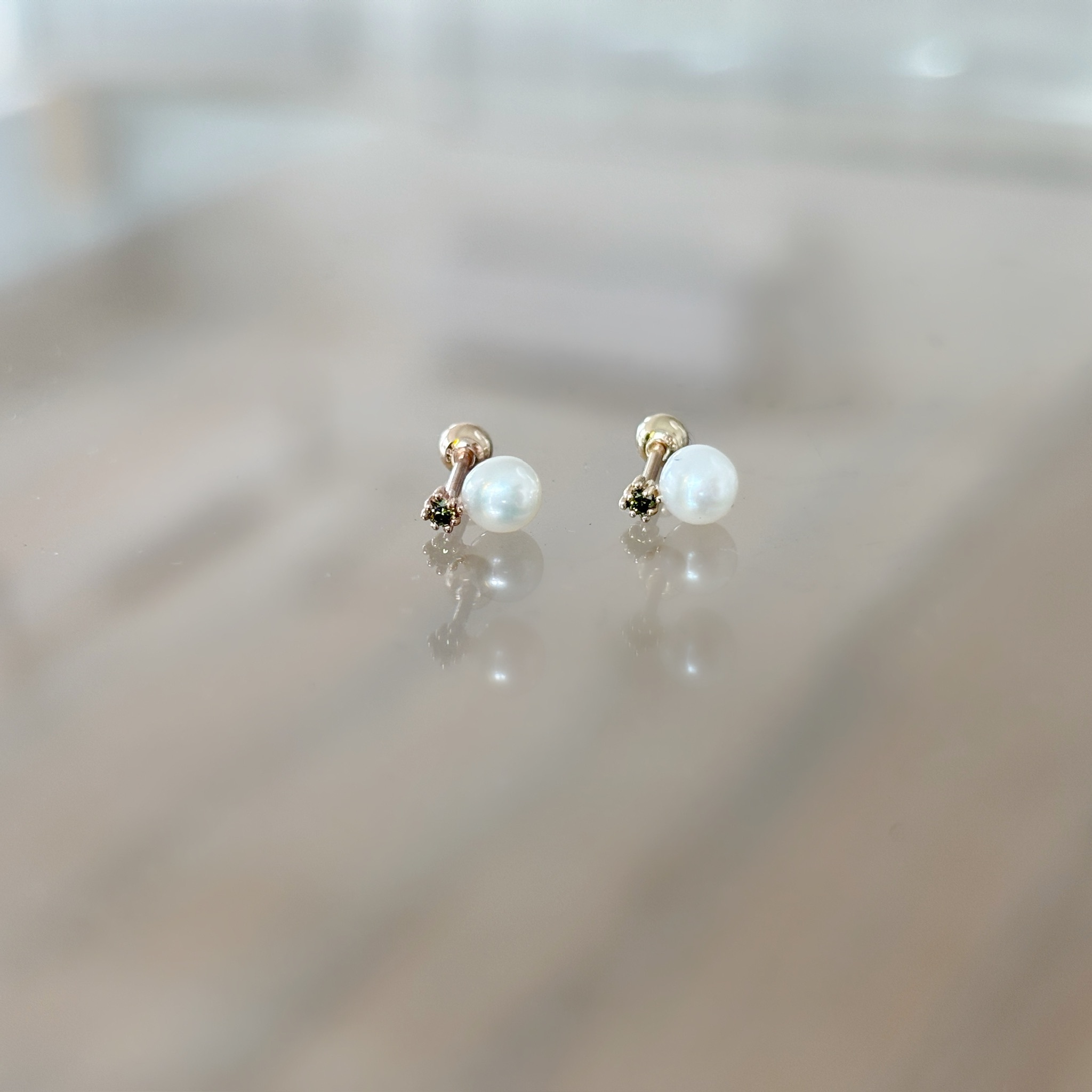 14K小菱光綠鑽珍珠轉珠耳環