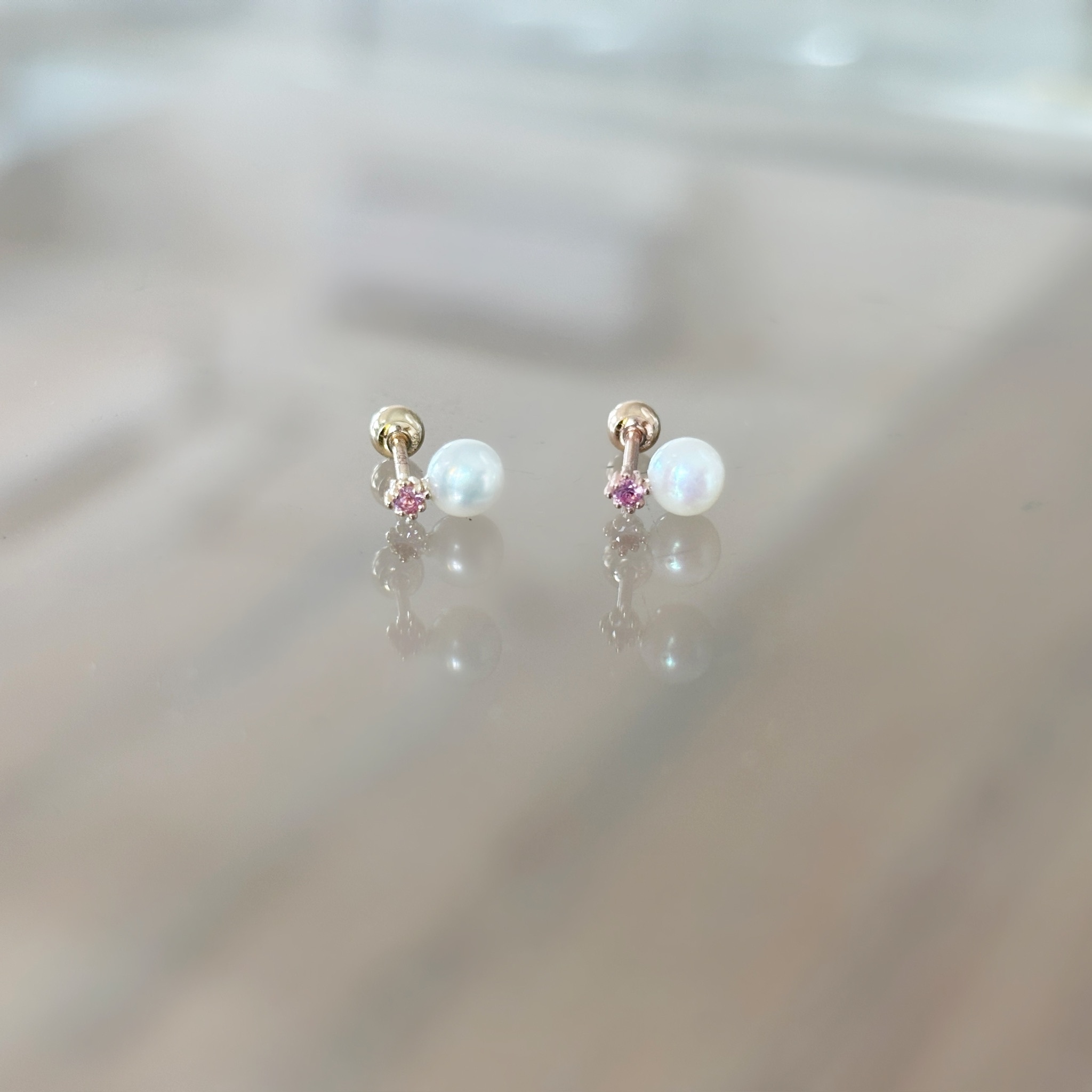 14K小菱光粉藍寶珍珠轉珠耳環