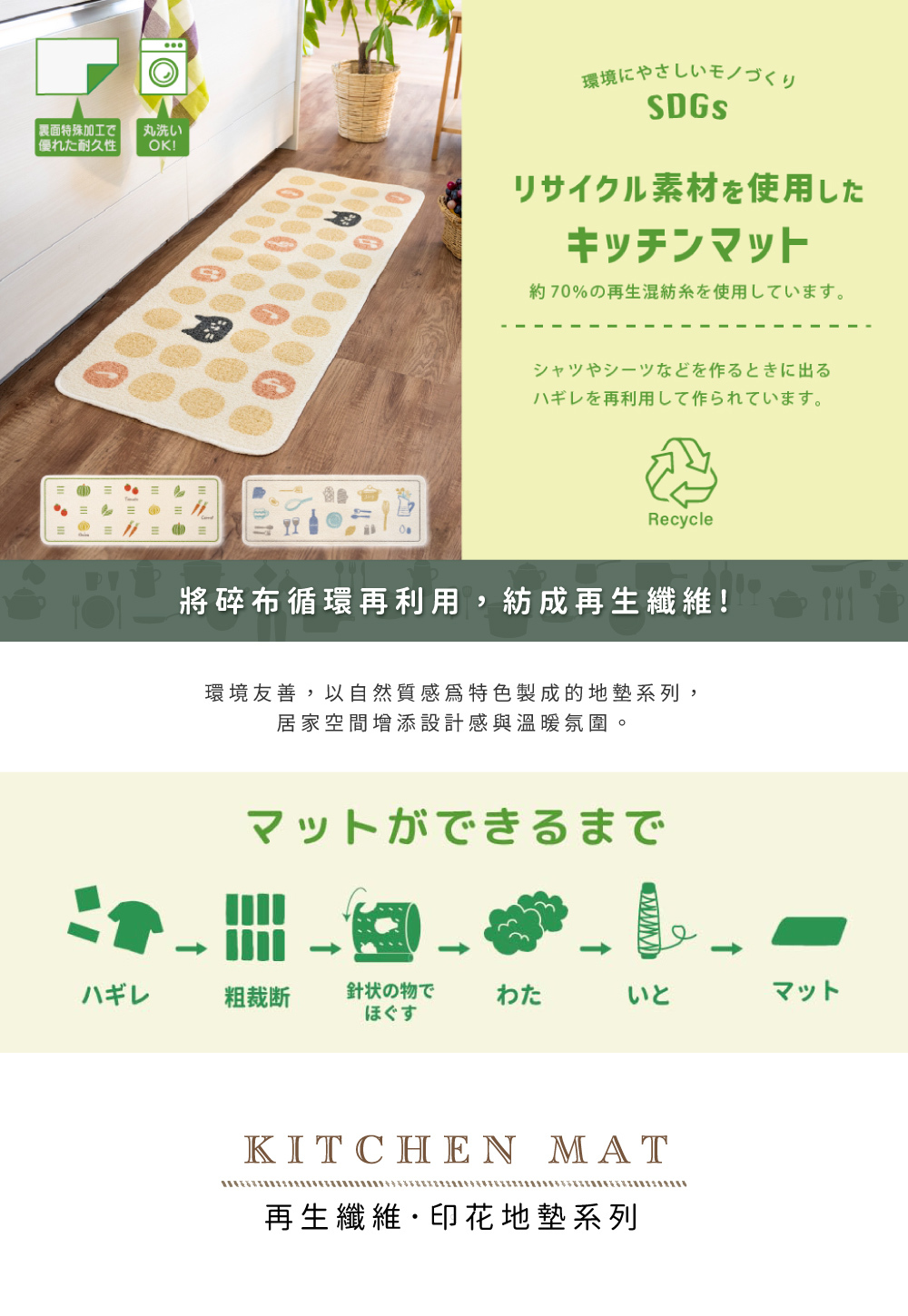 《oka》日本製再生印花廚房地墊 花影綻彩 45×120cm