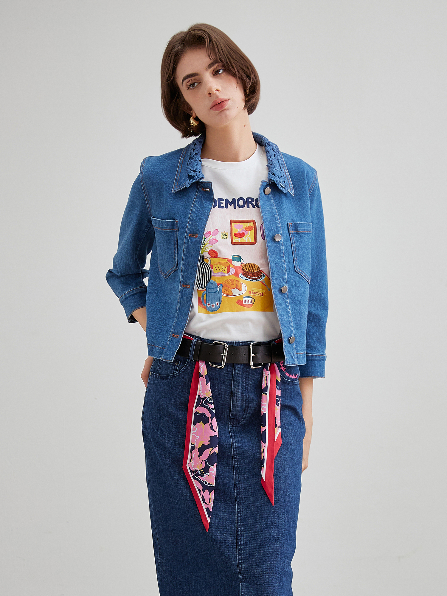 mi-tu蕾絲領牛仔外套