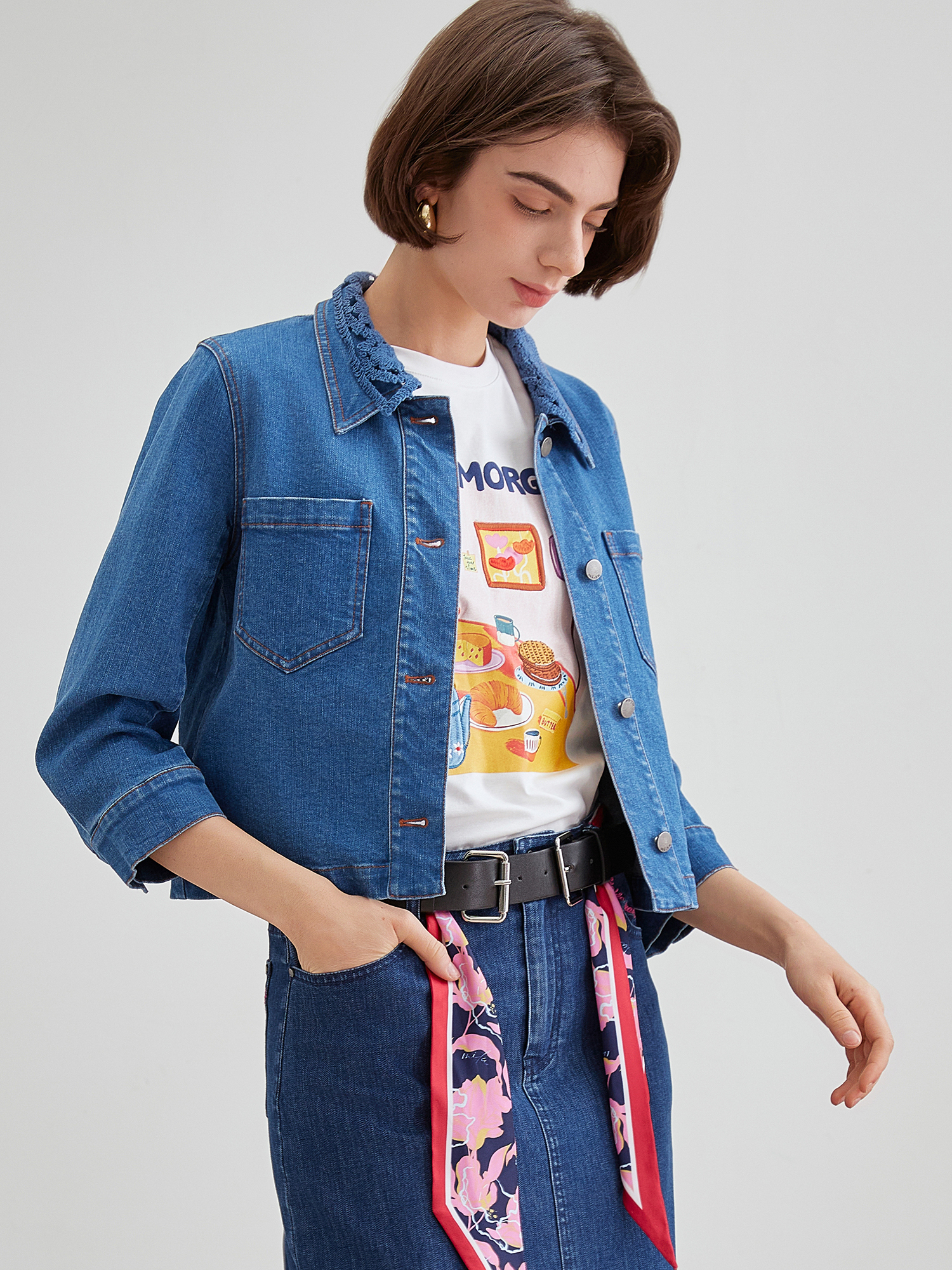 mi-tu蕾絲領牛仔外套