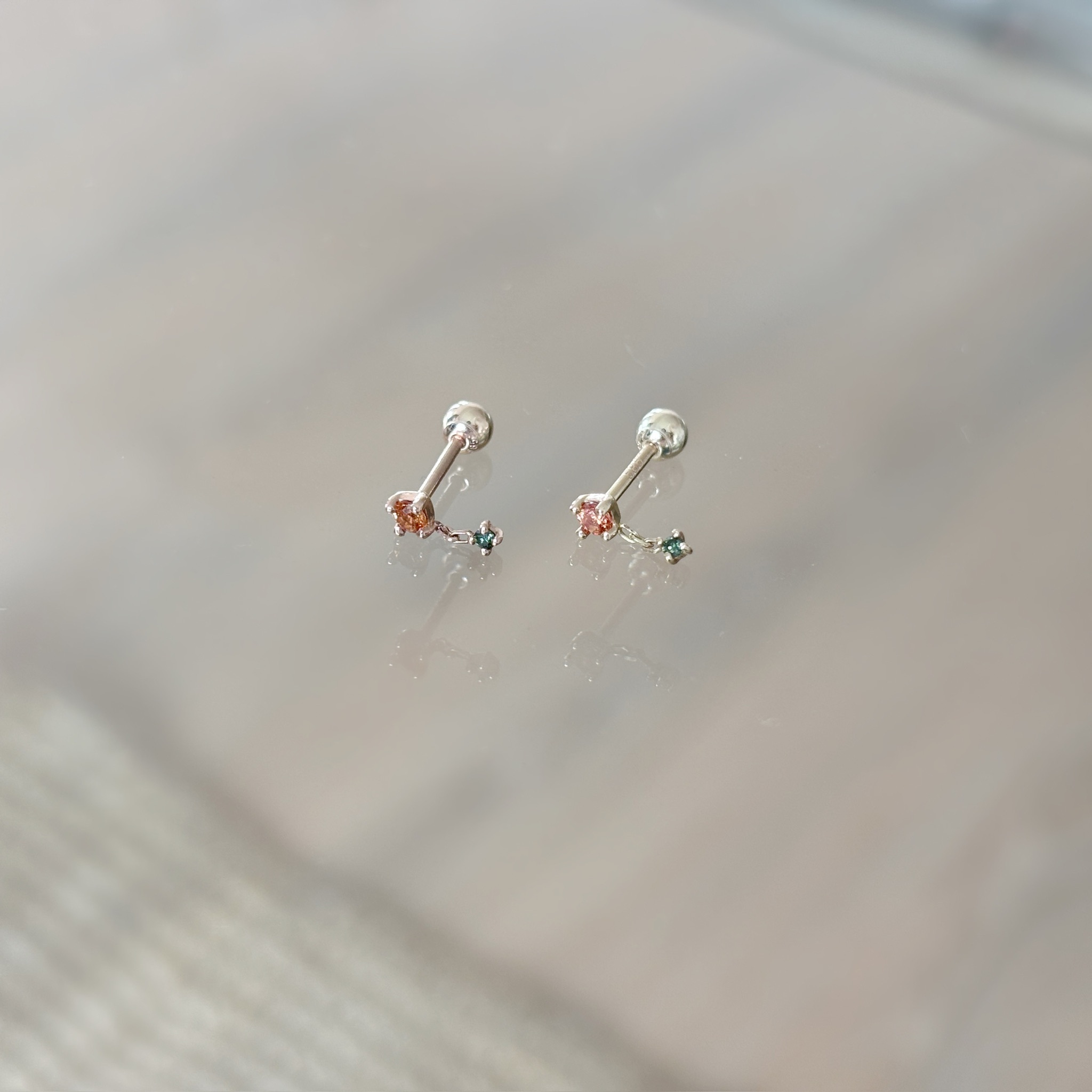 14K小鏈子橘藍寶綠鑽轉珠耳環