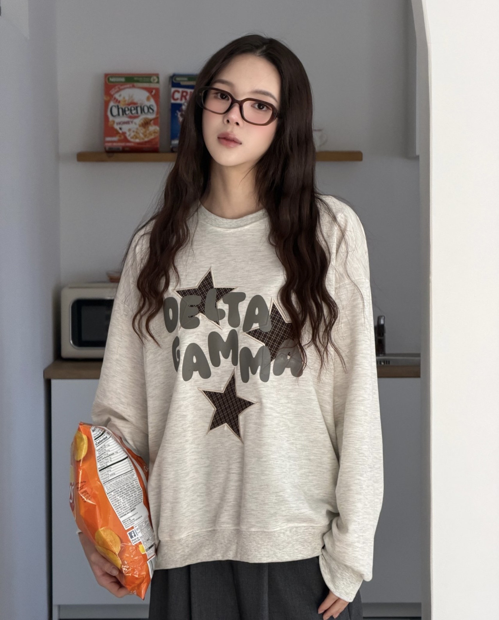 KOREA 格仔刺繡星星休閑衛衣 四色入