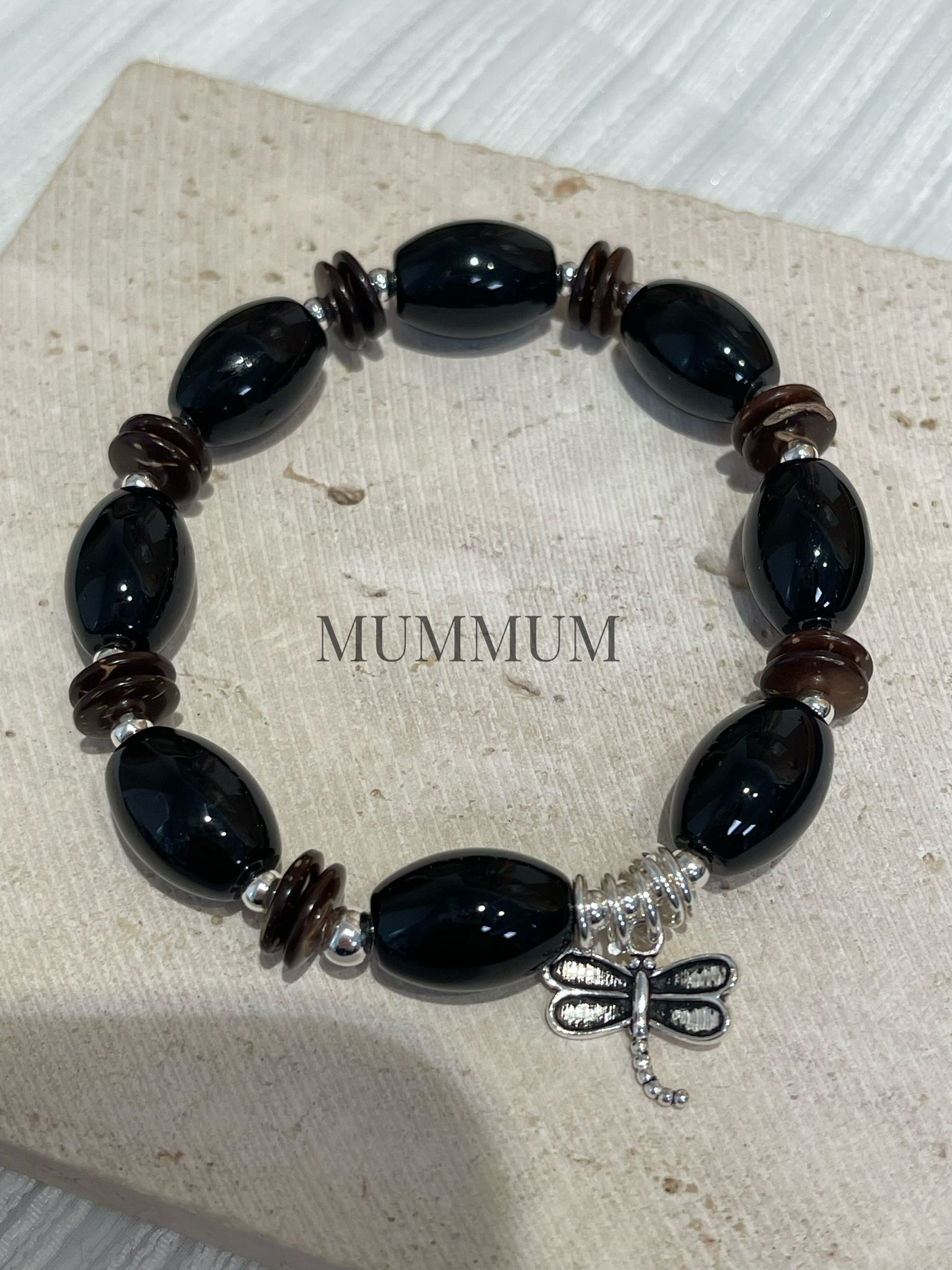 SL13269/蜻蜓吊飾光黑瑪瑙手鏈