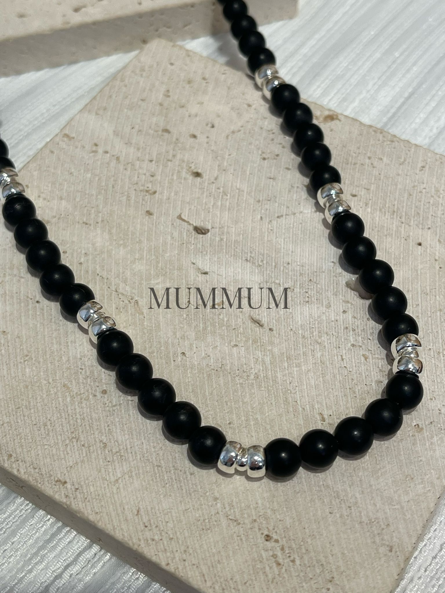 SL13270/磨砂黑瑪瑙拼銀珠長手鏈