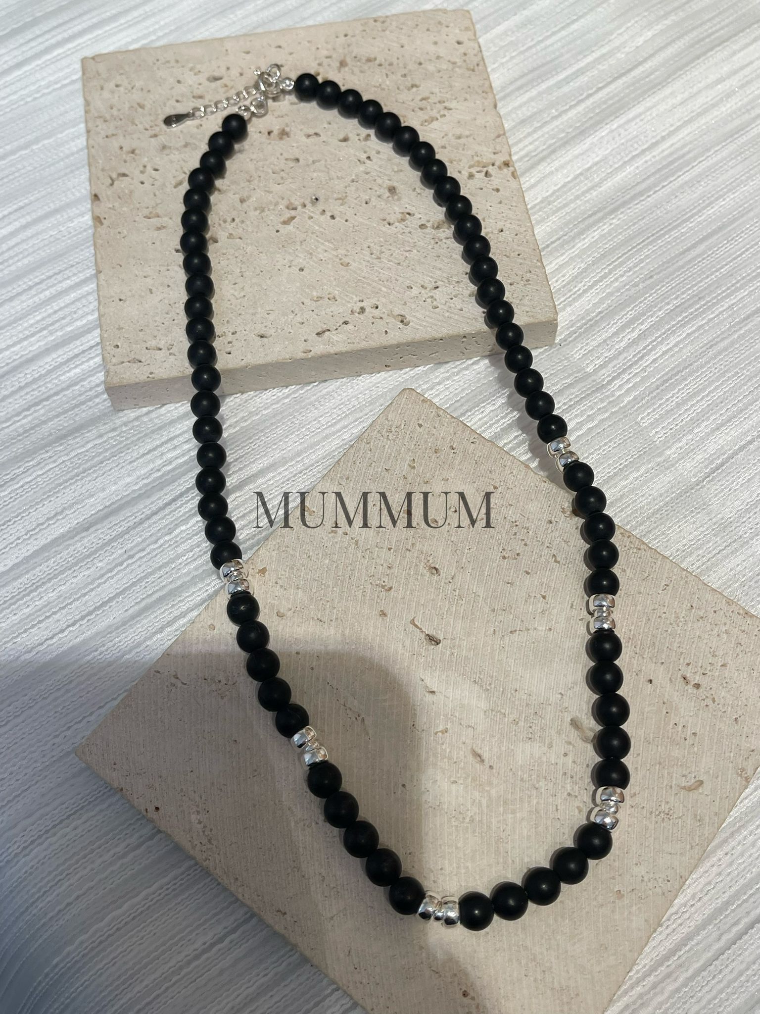 SL13270/磨砂黑瑪瑙拼銀珠長手鏈