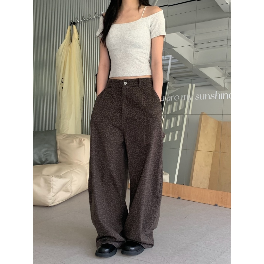 A14 時髦慵懶的豹紋後鬆緊彎刀褲 #A3098