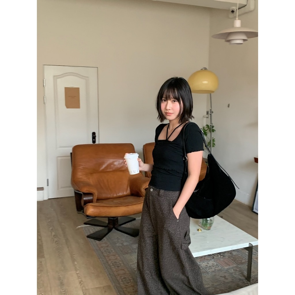 A14 時髦慵懶的豹紋後鬆緊彎刀褲 #A3098