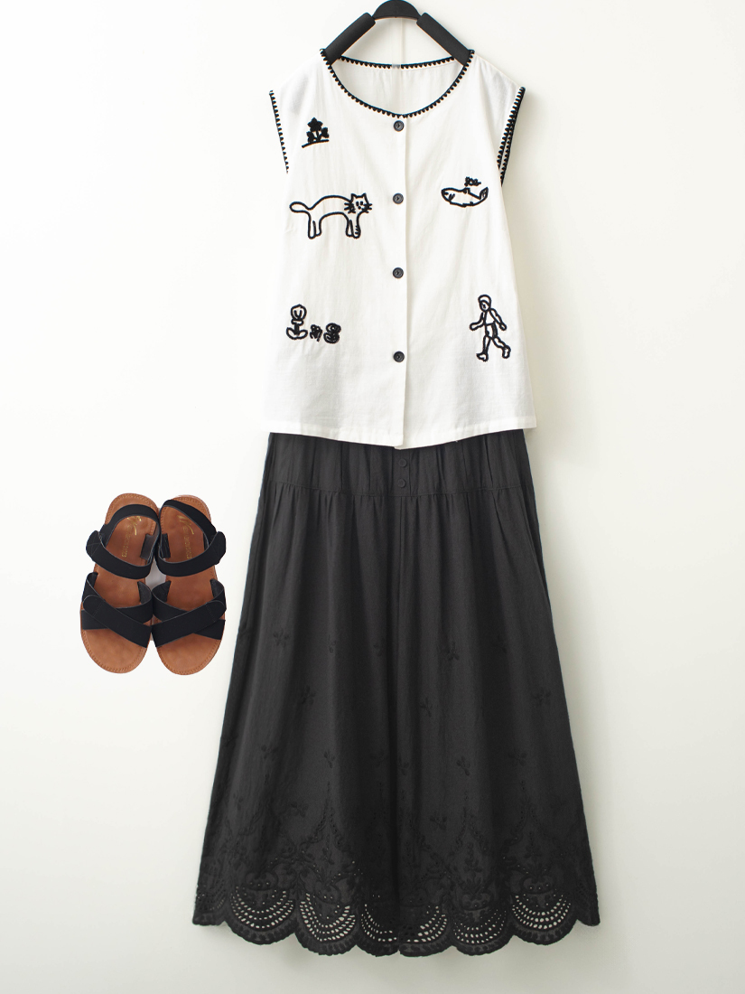 貓咪鯨魚鎖鏈縫穿搭背心繡花純棉寬褲組合