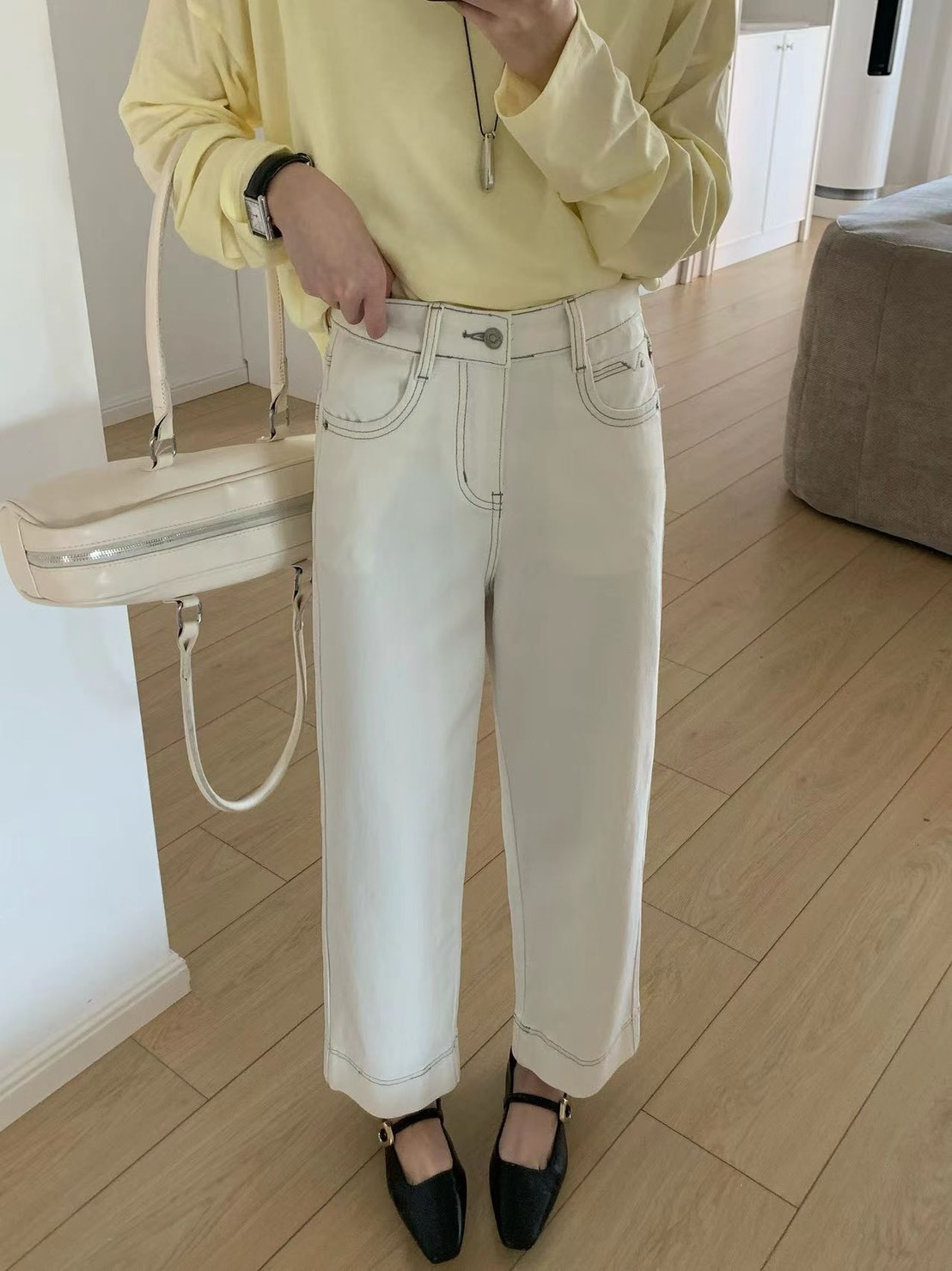 Nellie&Co.法式奶油白修身直筒九分牛仔褲