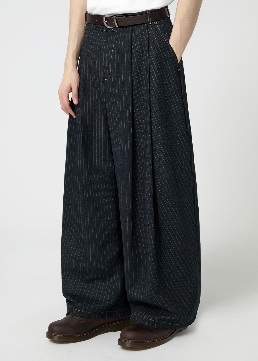 <質感超好>韓國 Trillion 條紋 雙褶 闊腿 寬褲 牛仔褲 兩色