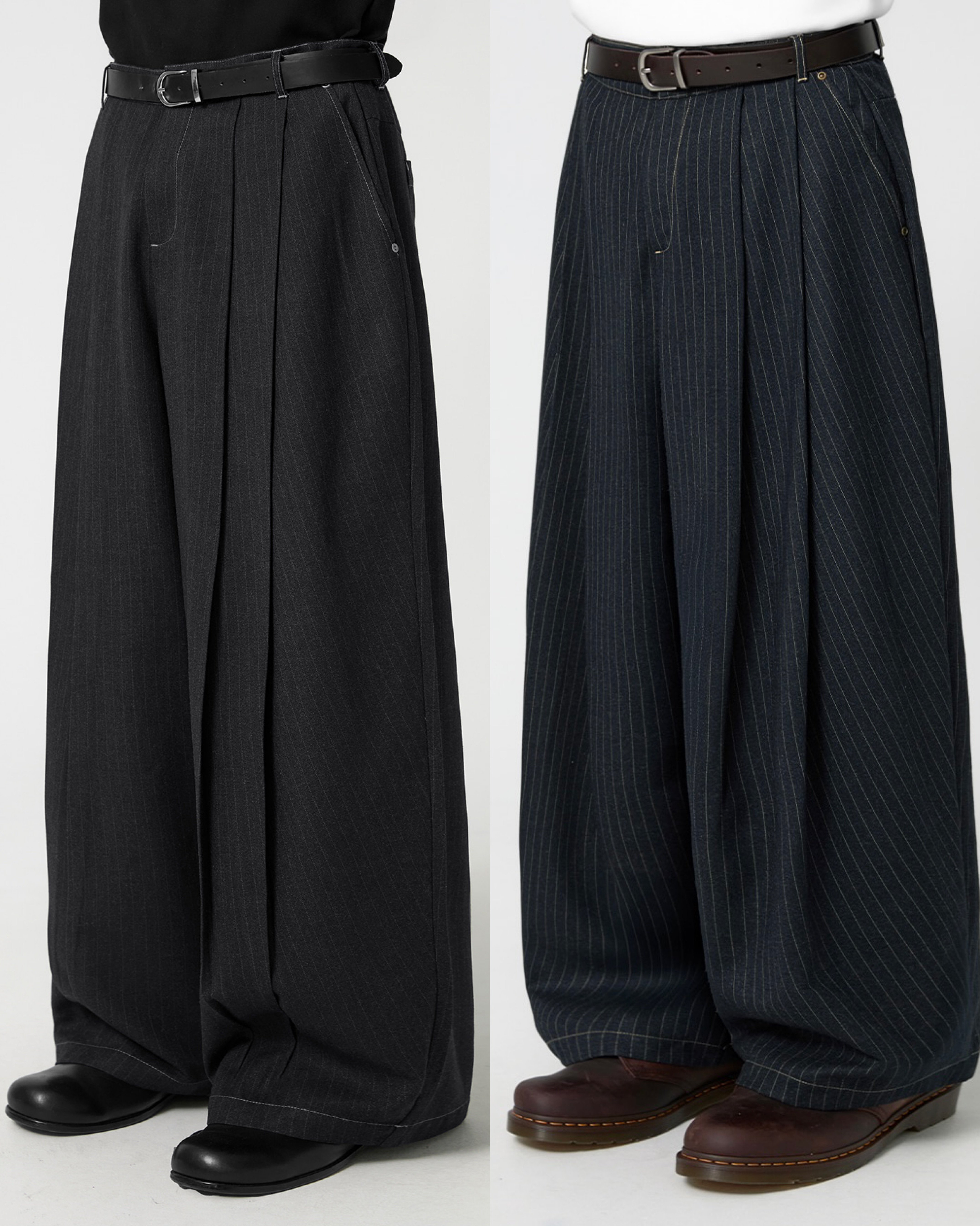 <質感超好>韓國 Trillion 條紋 雙褶 闊腿 寬褲 牛仔褲 兩色