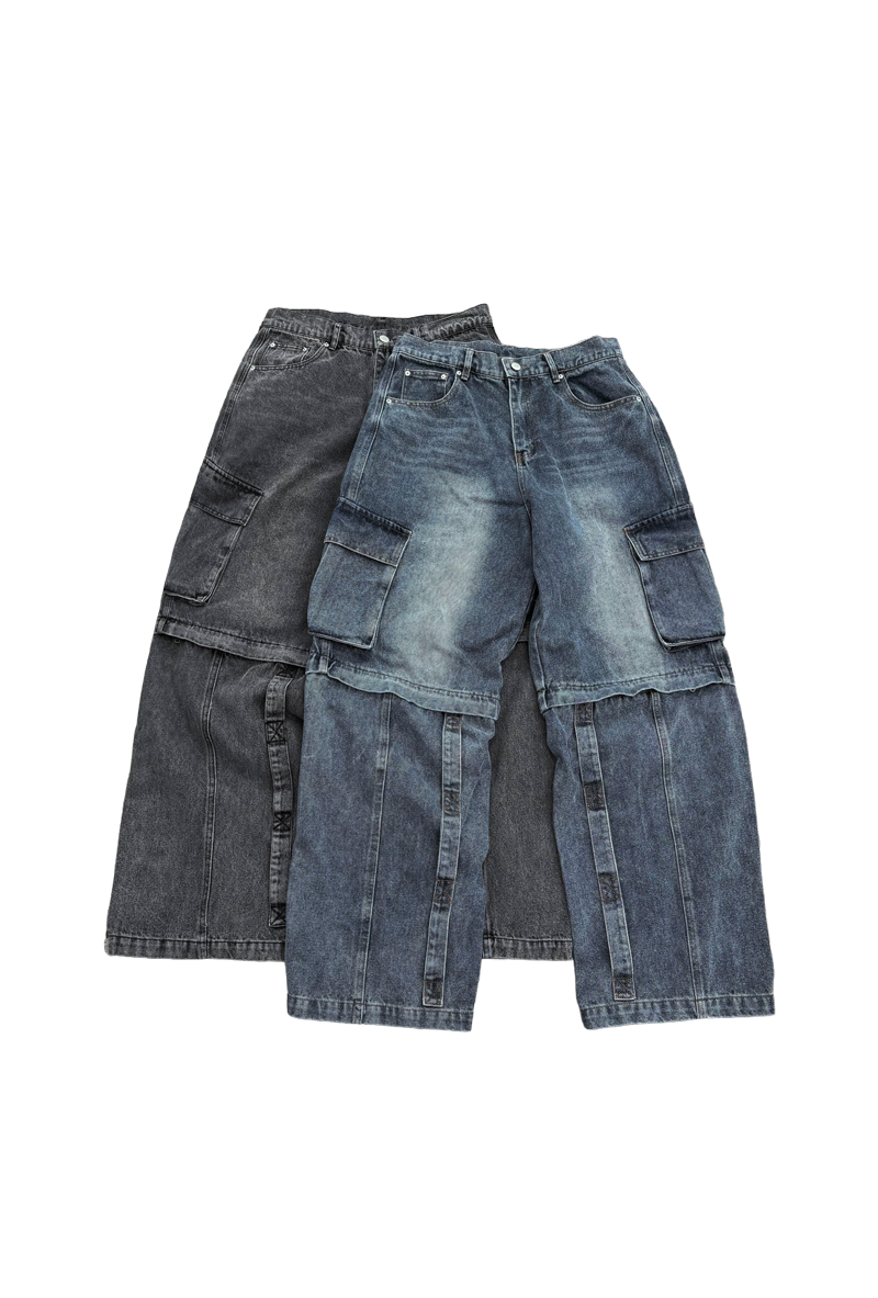 水洗寬版兩穿牛仔褲