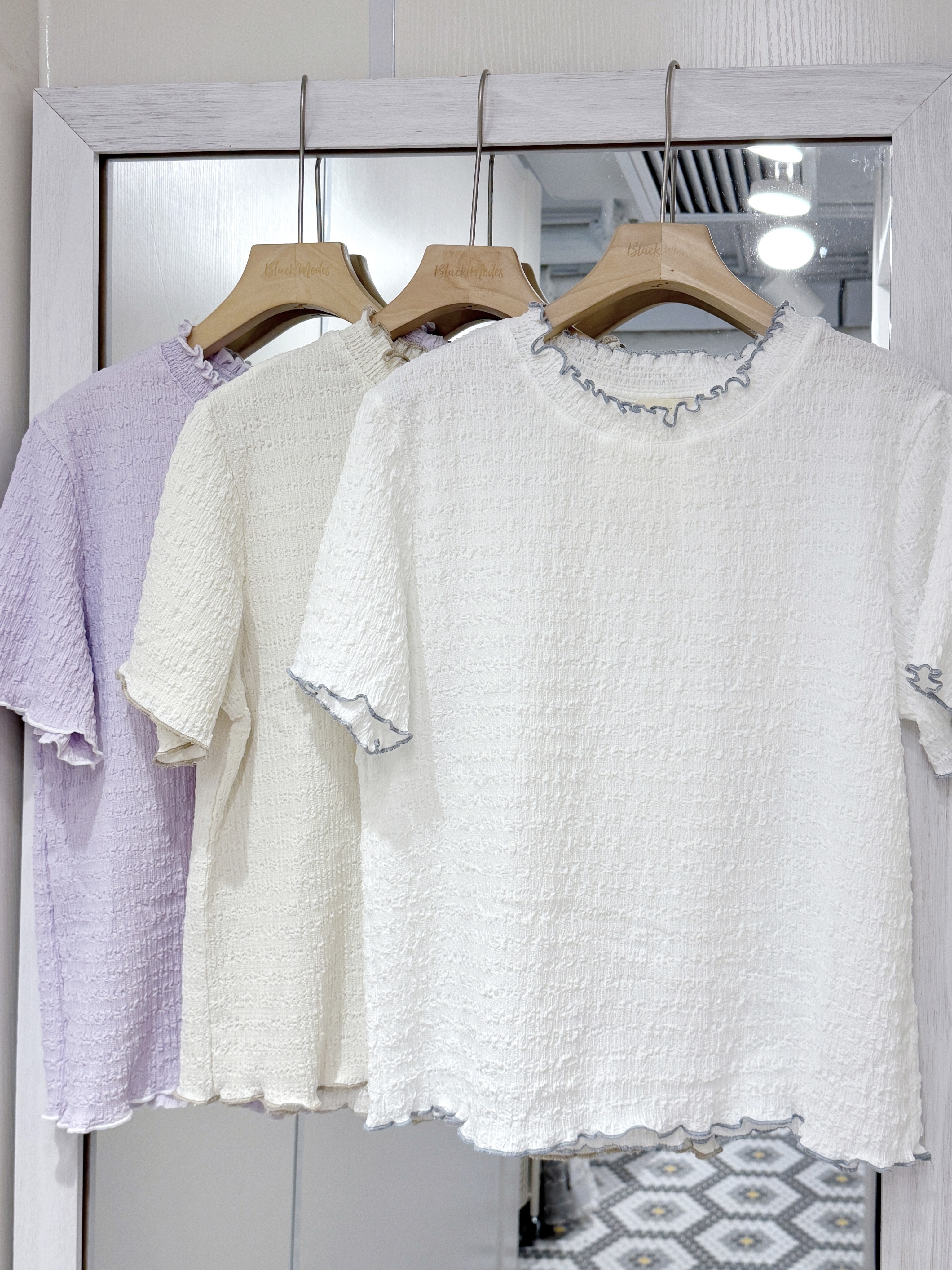 EA1235｜皺皺樹壓紋木耳邊短袖上衣𖥧𓇢𑁍