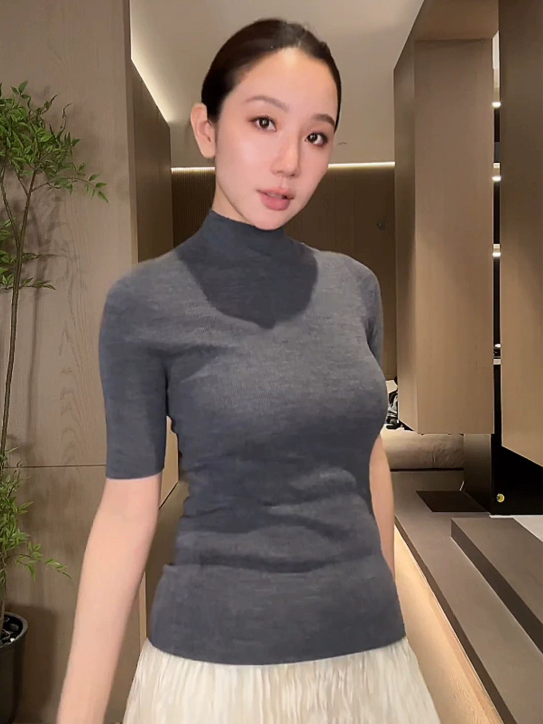 100%綿羊毛立領合身短袖上衣-S-L / 3色 (Elegant & Love)