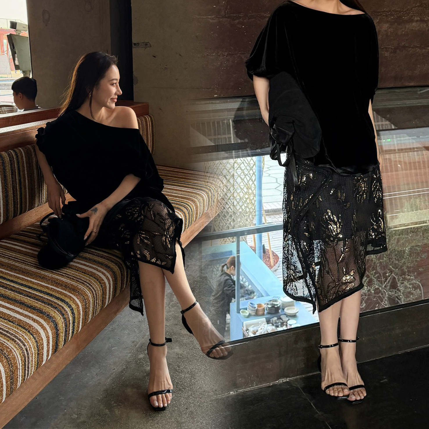 經典黑不規則傘擺造型亮片長裙-S-L (Elegant & Love)