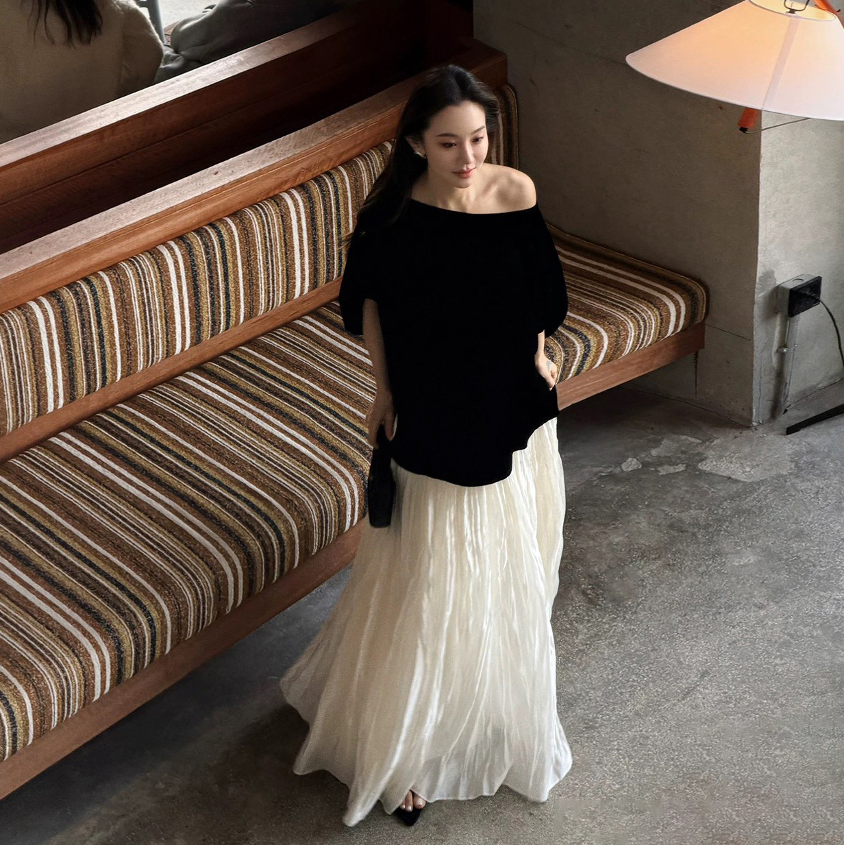 雲朵白仙女氣息皺皺織紋感長裙-S-XL (Elegant & Love)