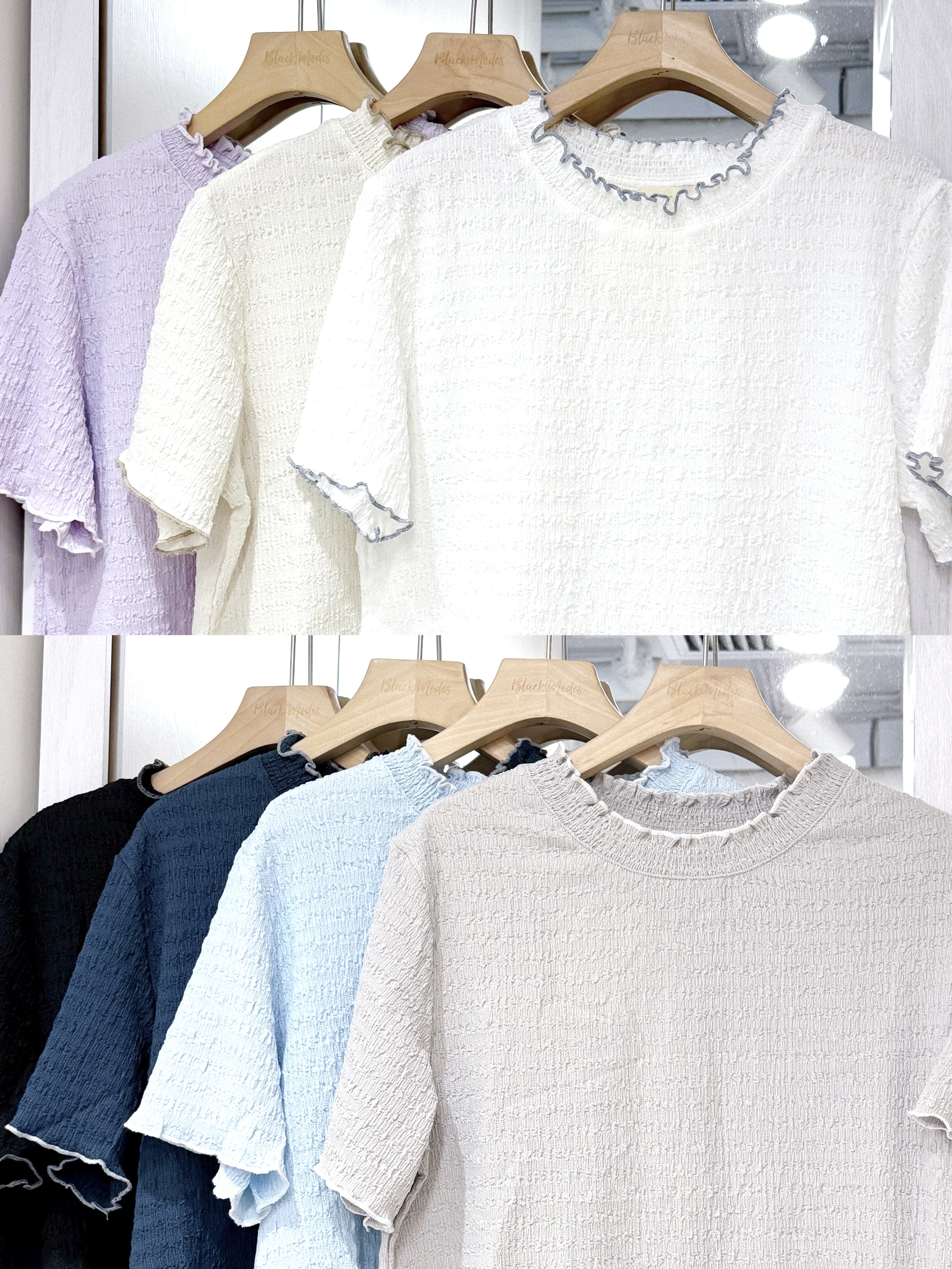 EA1235｜皺皺樹壓紋木耳邊短袖上衣𖥧𓇢𑁍