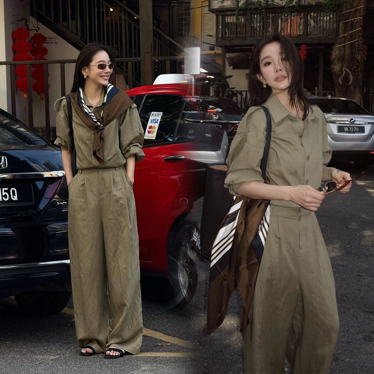 橄欖綠翻領排釦收腰造型連身褲長褲-S-L (Elegant & Love)