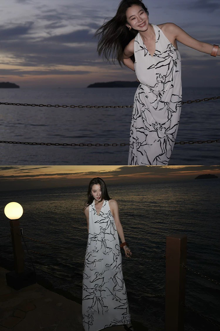 雲朵白手繪感花朵造型度假長洋裝-S-L (Elegant & Love)