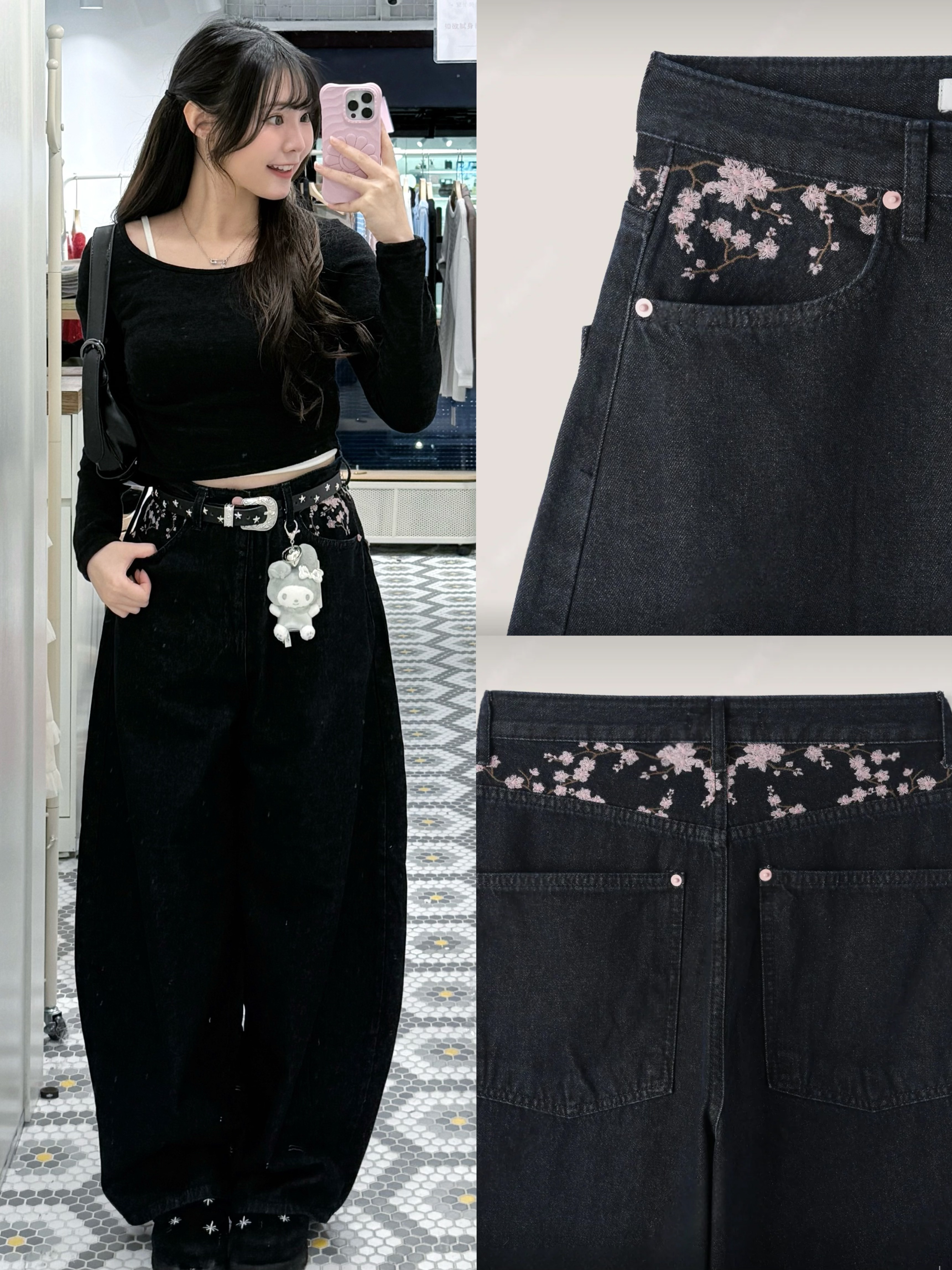 P0224｜全韓熱賣！櫻花🌸刺繡彎刀褲💗ྀི