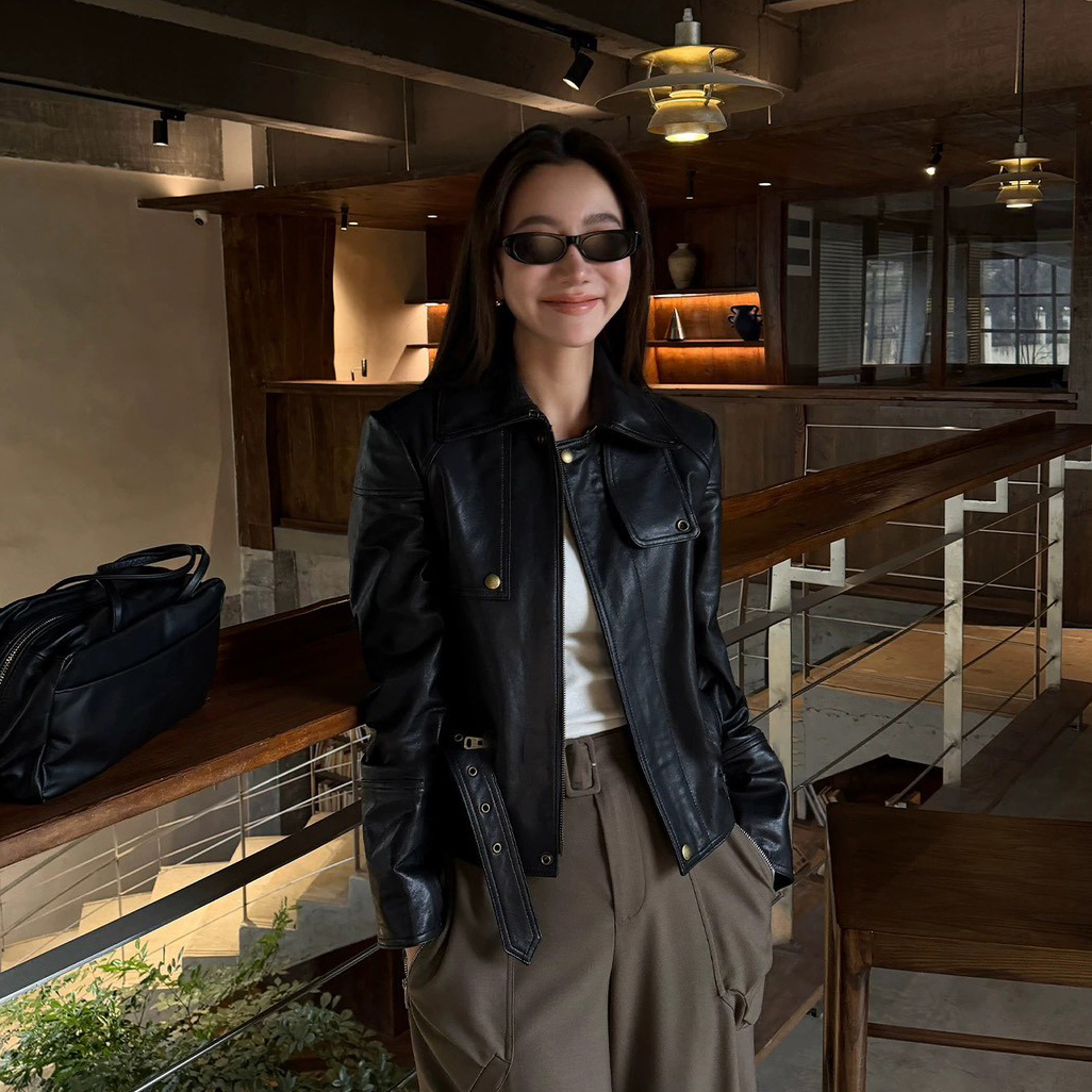 經典黑翻領拉鍊造型100%羊皮外套皮衣-S-L (Elegant & Love)