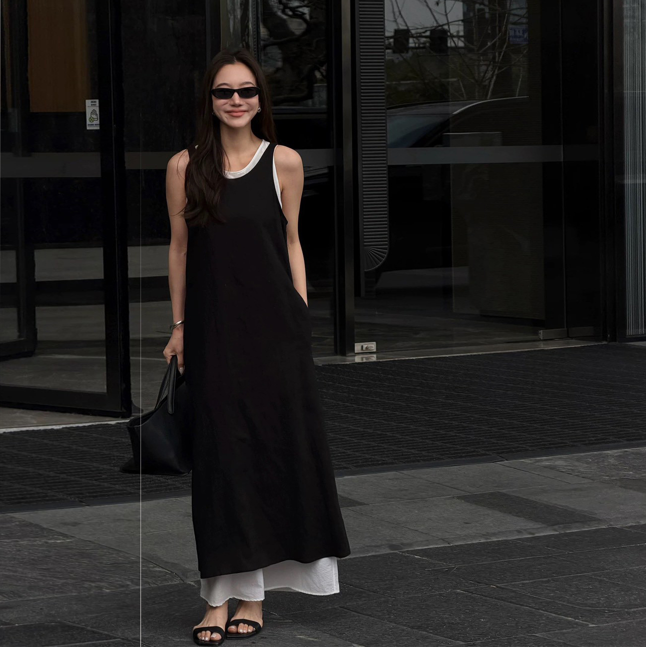 經典黑白配色兩件式無袖傘擺長洋裝SET-S-L (Elegant & Love)