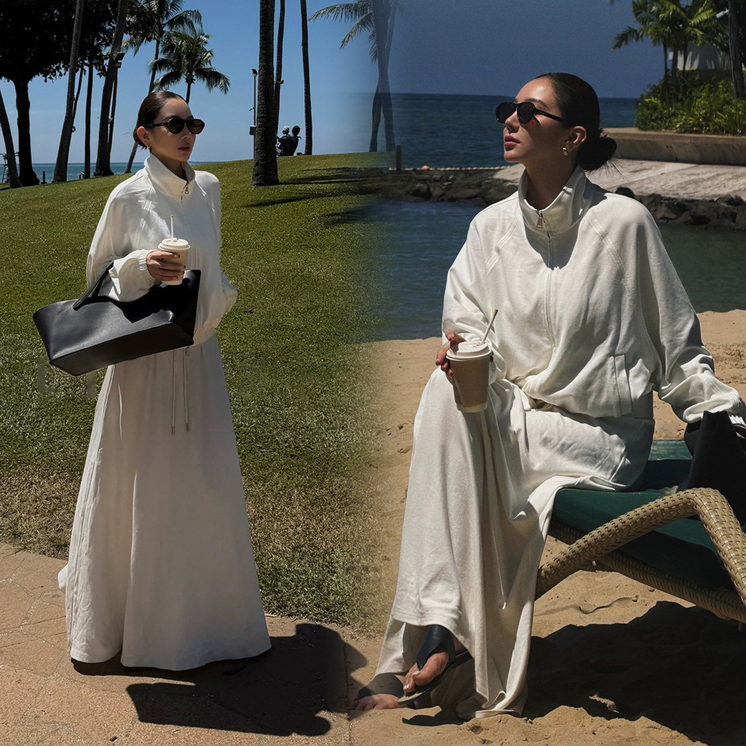 雲朵白翻領拉鍊休閒外套+長裙SET-S-L (Elegant & Love)