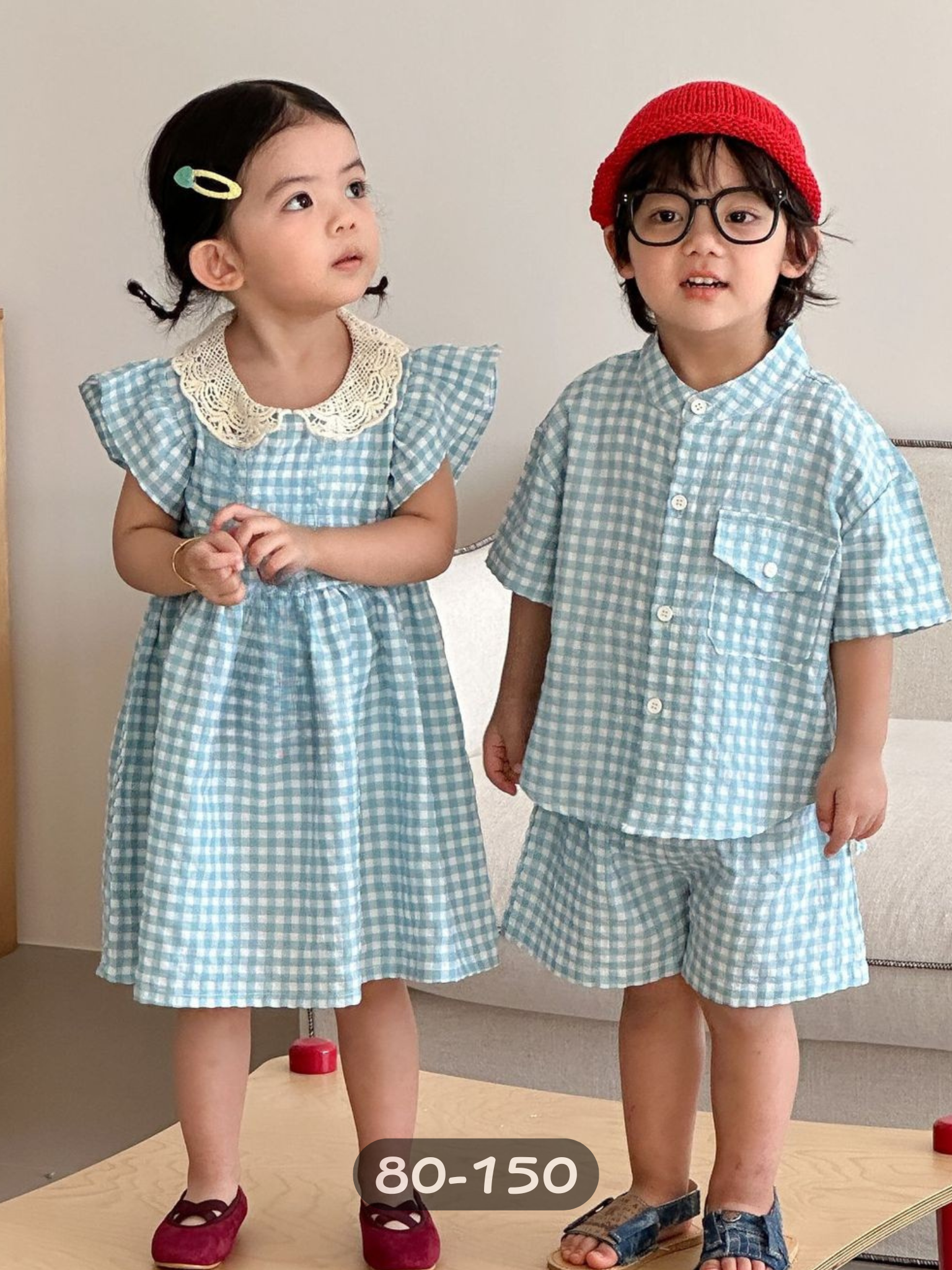 天藍小格 短袖套裝/裙裝