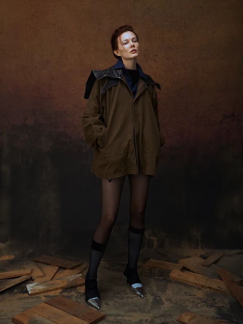 Enclave｜Loose Fit A-Line “TSFM” Coat (Black/Khaki)