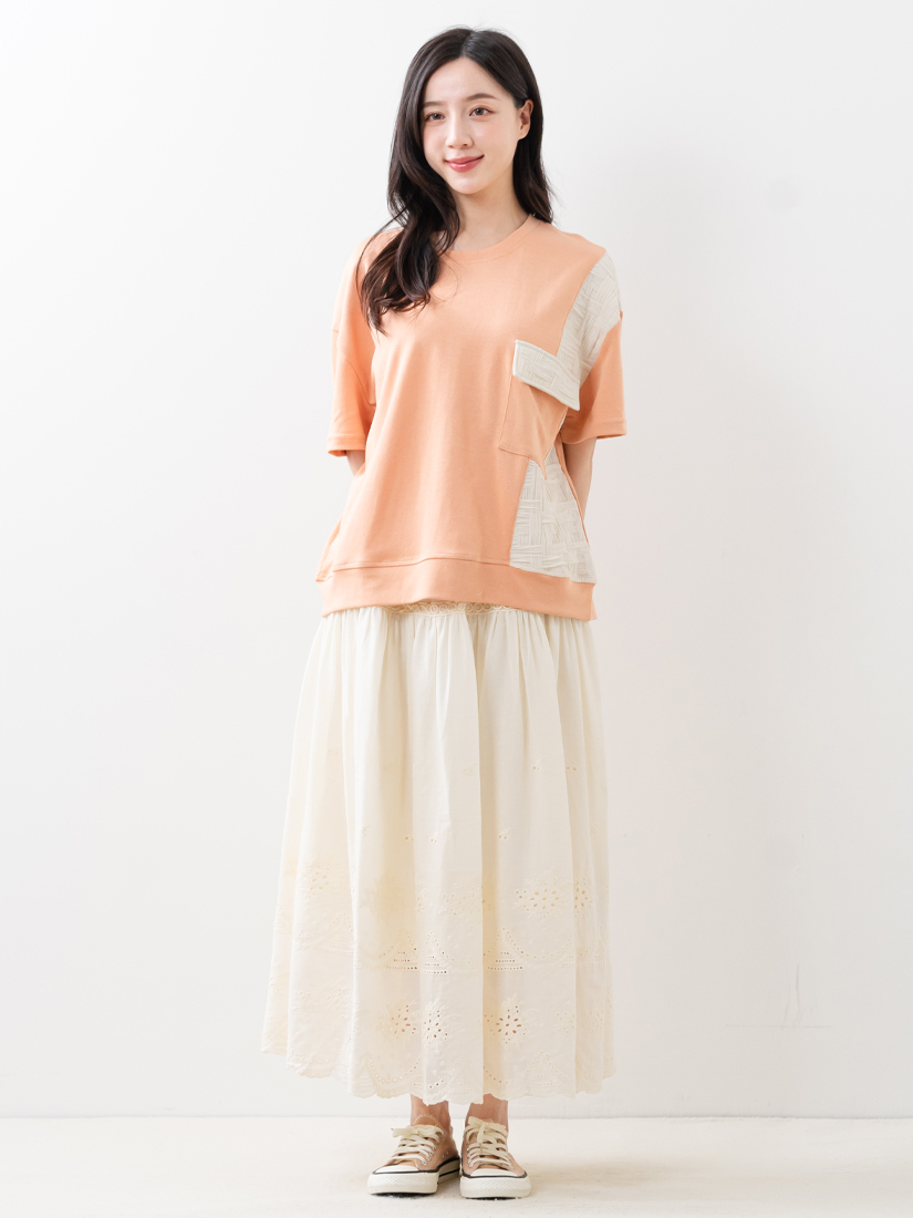 壓縐拼接口袋上衣織帶下擺繡花棉長裙組合