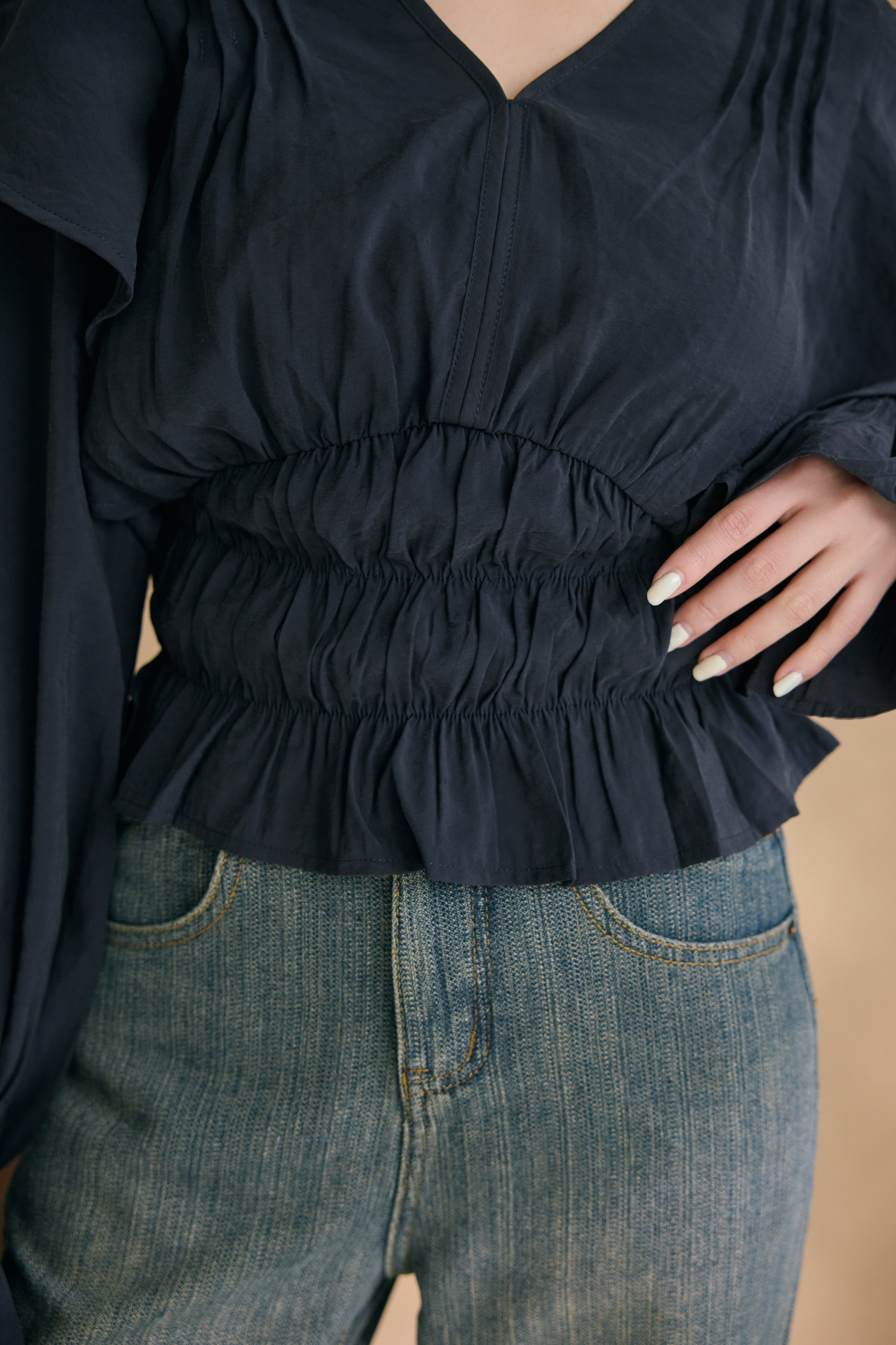 藏青雪紡抓皺襯衫