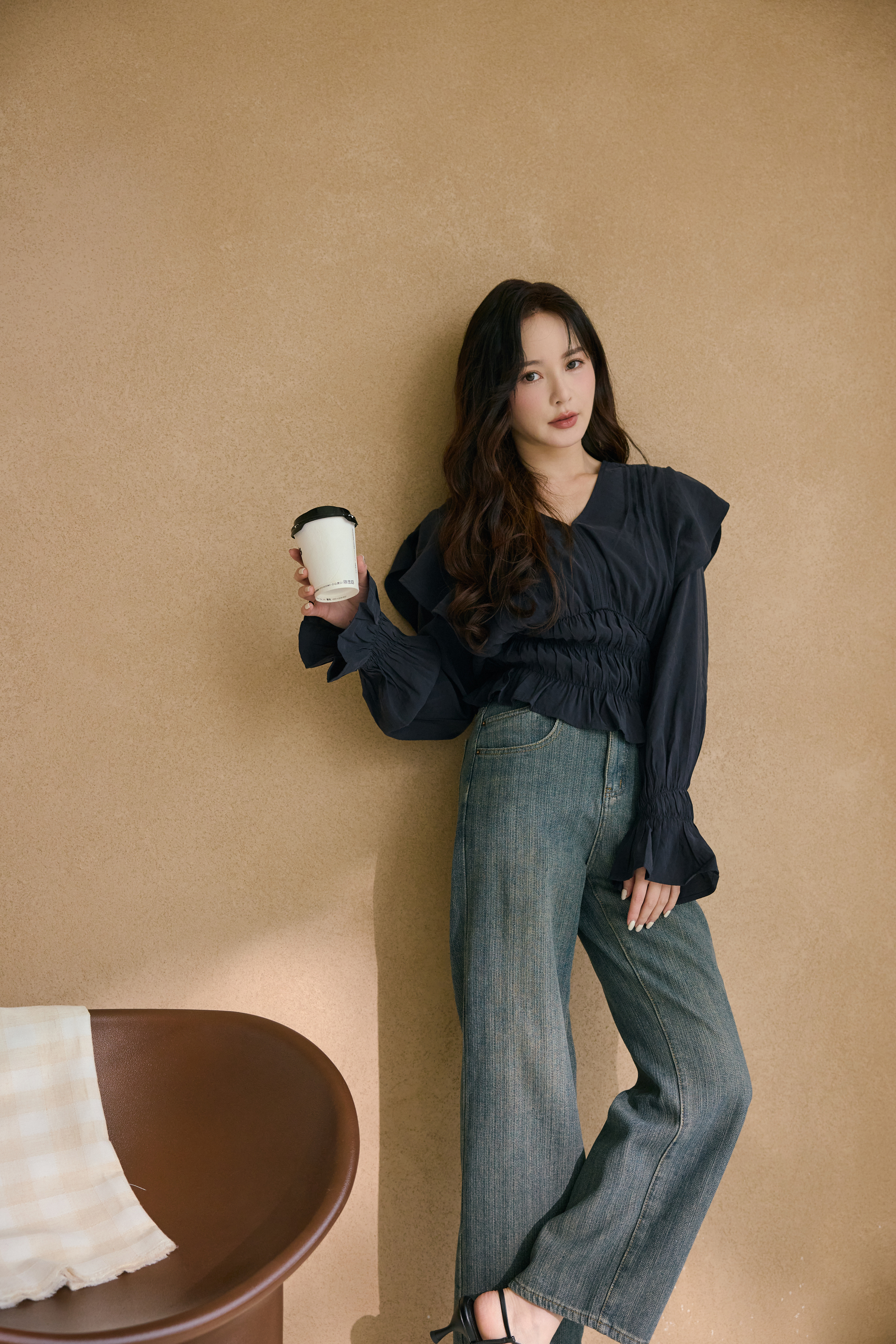 藏青雪紡抓皺襯衫