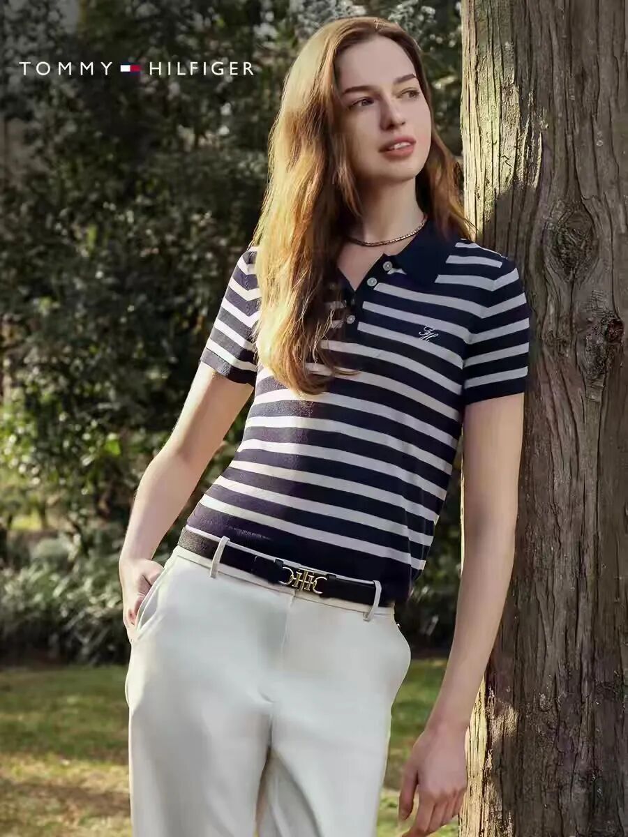 TOMMY 女款 間條短袖Polo