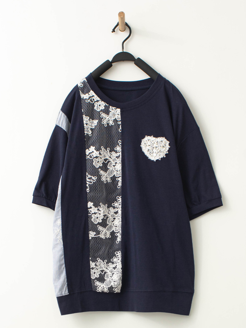 條紋繡花布拼接蕾絲珍珠短袖上衣