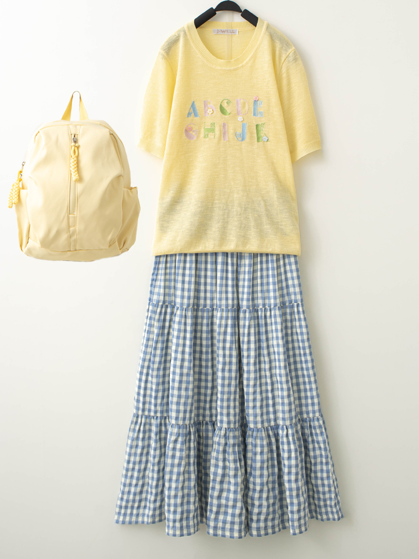 微透膚質感繡花針織上衣格紋蛋糕長裙組合