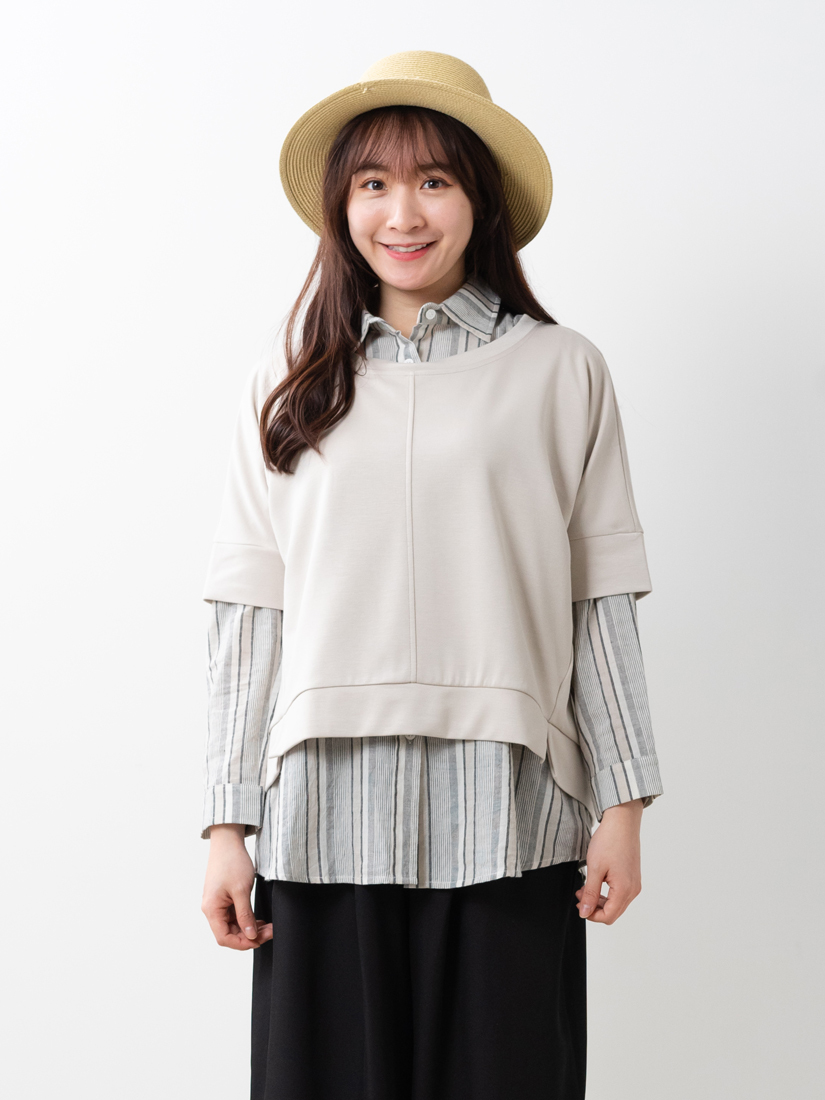 空氣棉短袖上衣薄棉條紋襯衫打褶寬褲組合