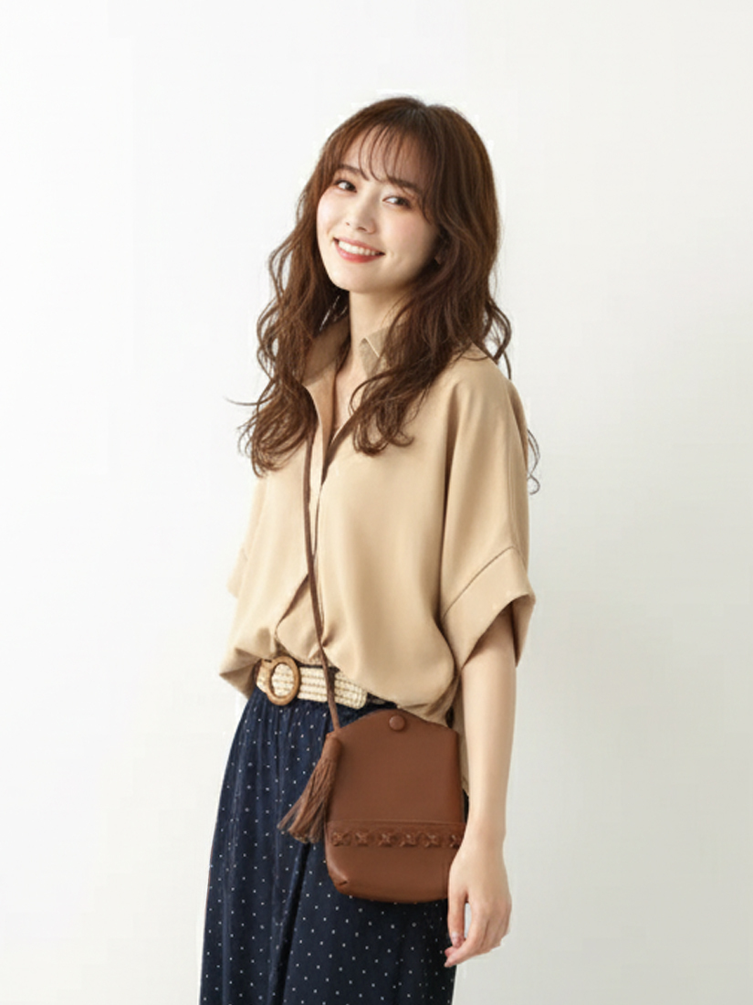 反摺短袖上衣棉麻感點點印花九分寬褲組合