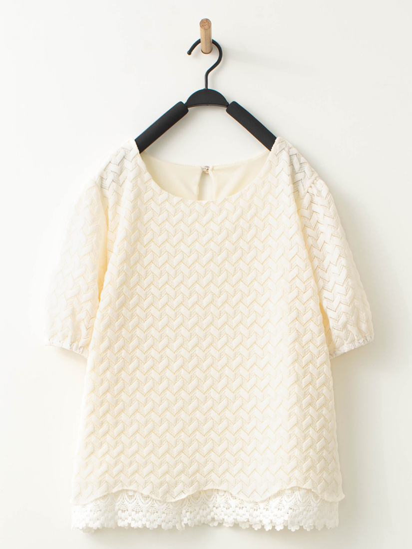 簍空緹織下擺蕾絲短袖上衣