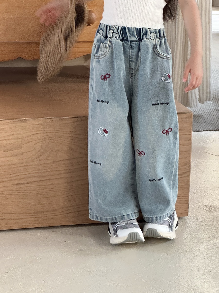 刺繡蝴蝶結牛仔直筒寬褲
