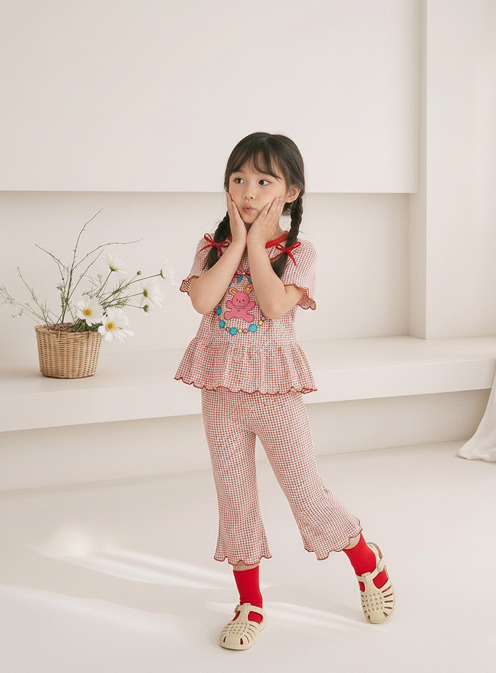 正韓夏Orangemom 兩色兔兔格子荷葉邊上衣