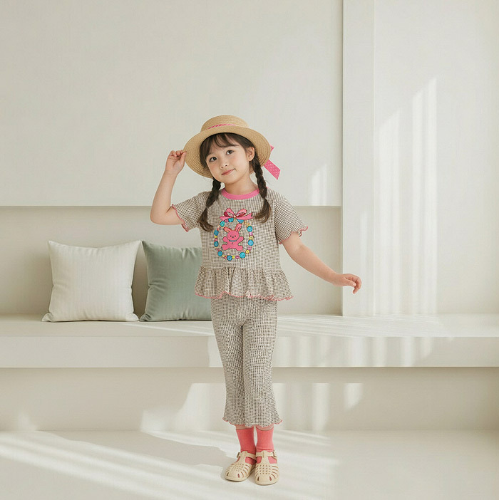 正韓夏Orangemom 兩色兔兔格子荷葉邊上衣