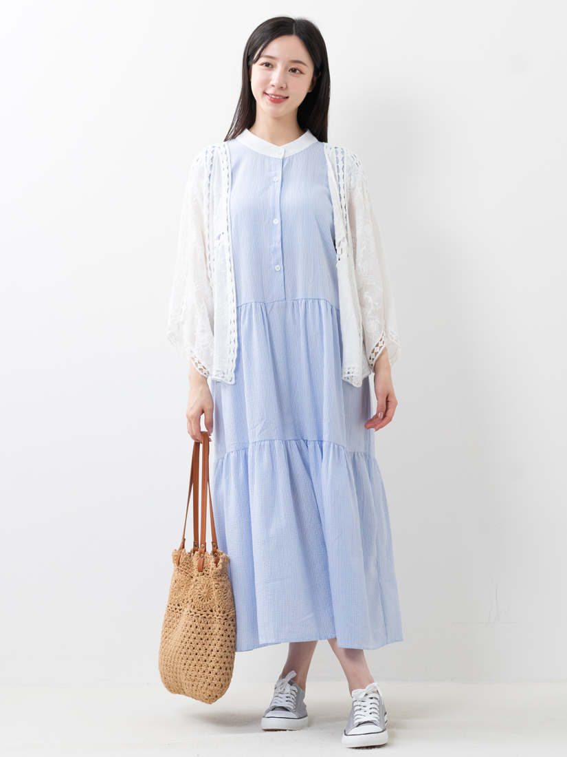 簍空編織罩衫泡泡布後綁帶蛋糕長洋裝組合