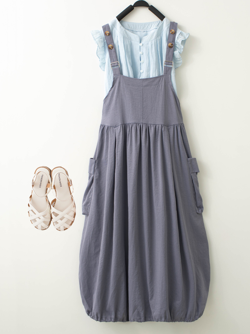 側口袋花苞吊帶洋裝棉荷葉無袖上衣組合