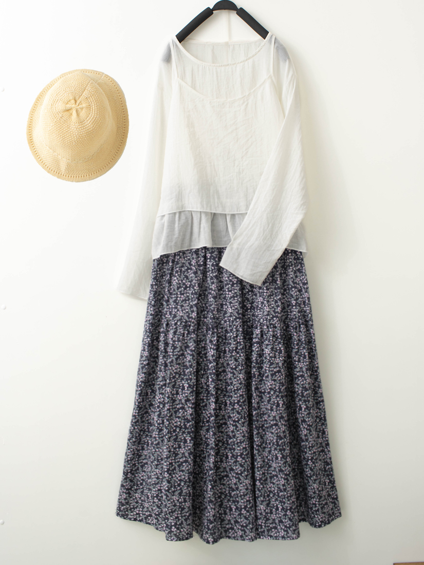 素面荷葉綁帶兩件式上衣細褶棉質長裙組合