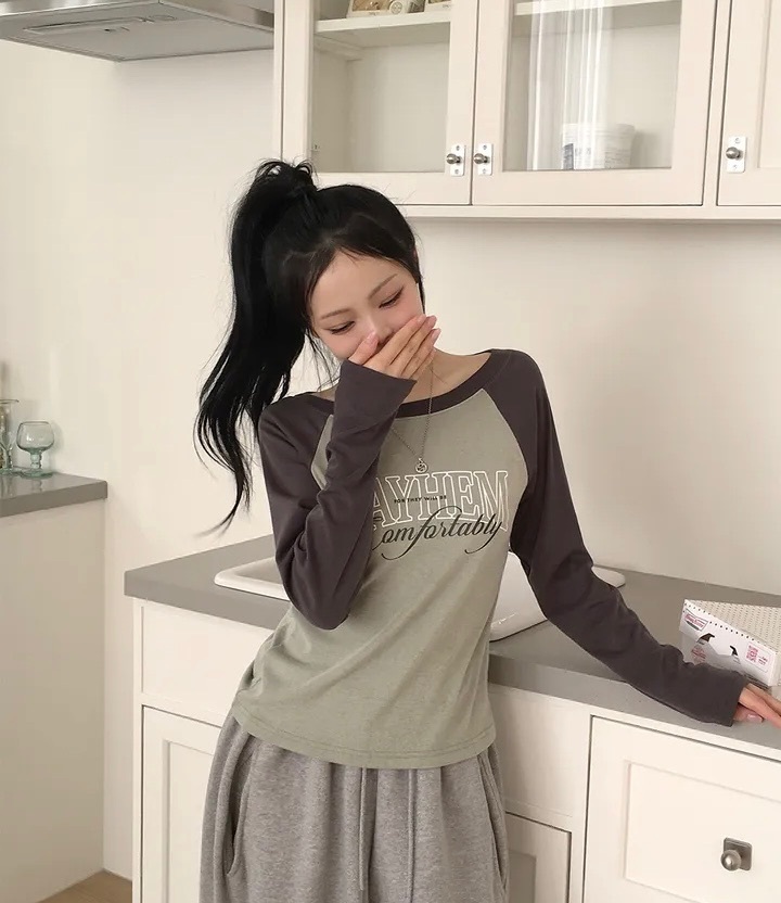 【優惠價現貨】韓國拼色LETTER牛角長袖TEE（4色）