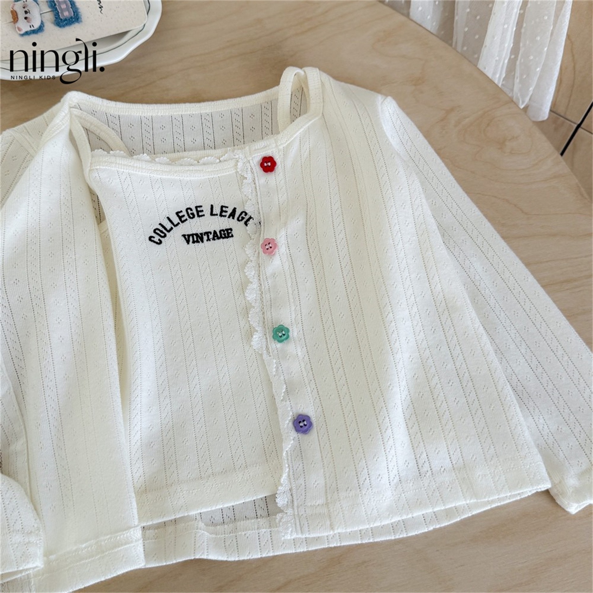 花花鈕扣吊帶背心外套組