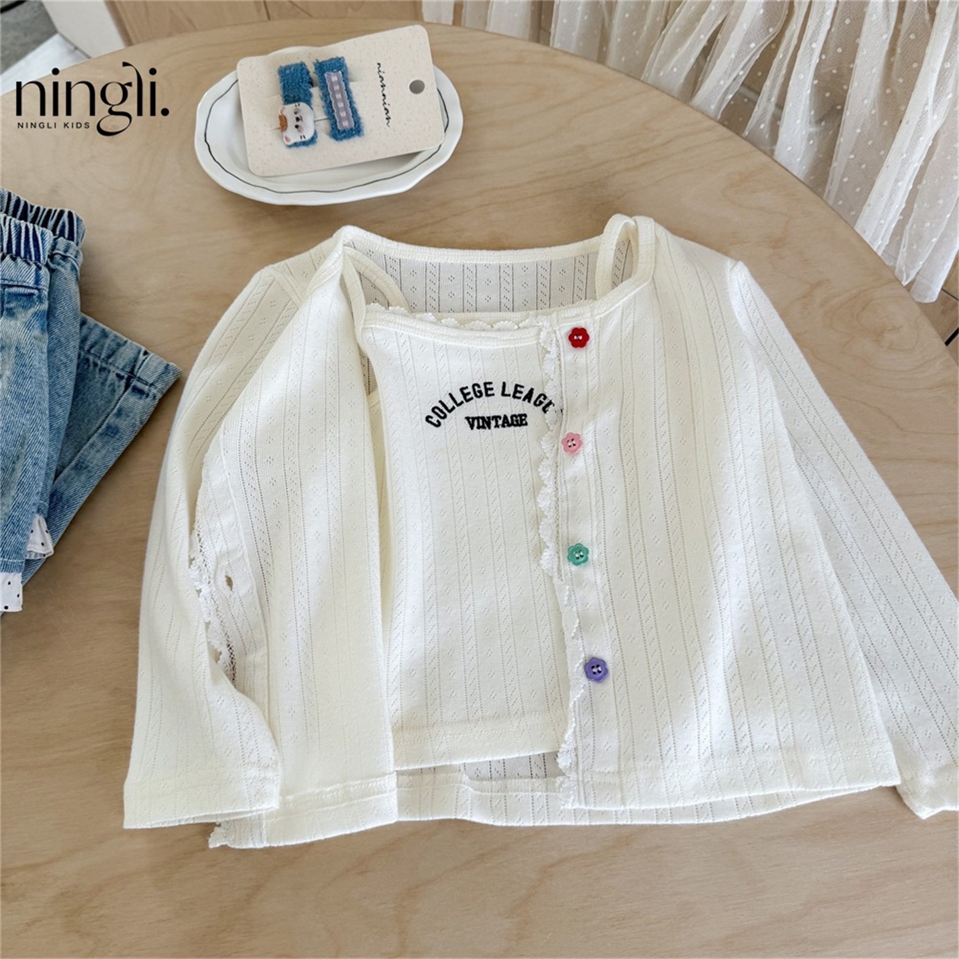 花花鈕扣吊帶背心外套組