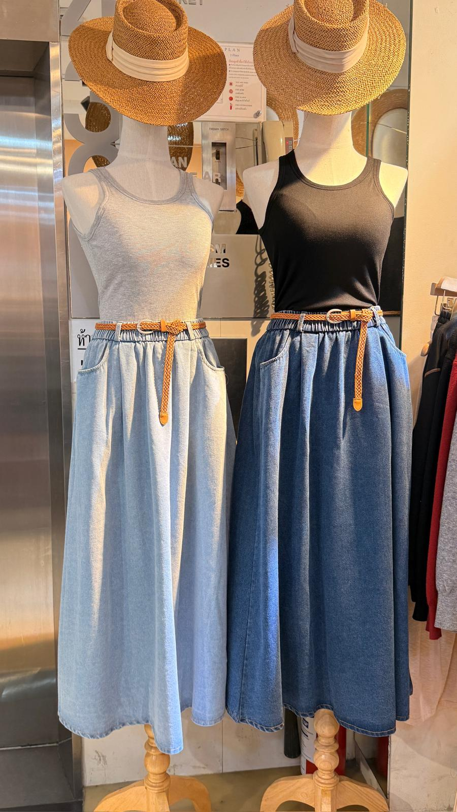 橡筋牛仔長裙連Belt(深藍色)