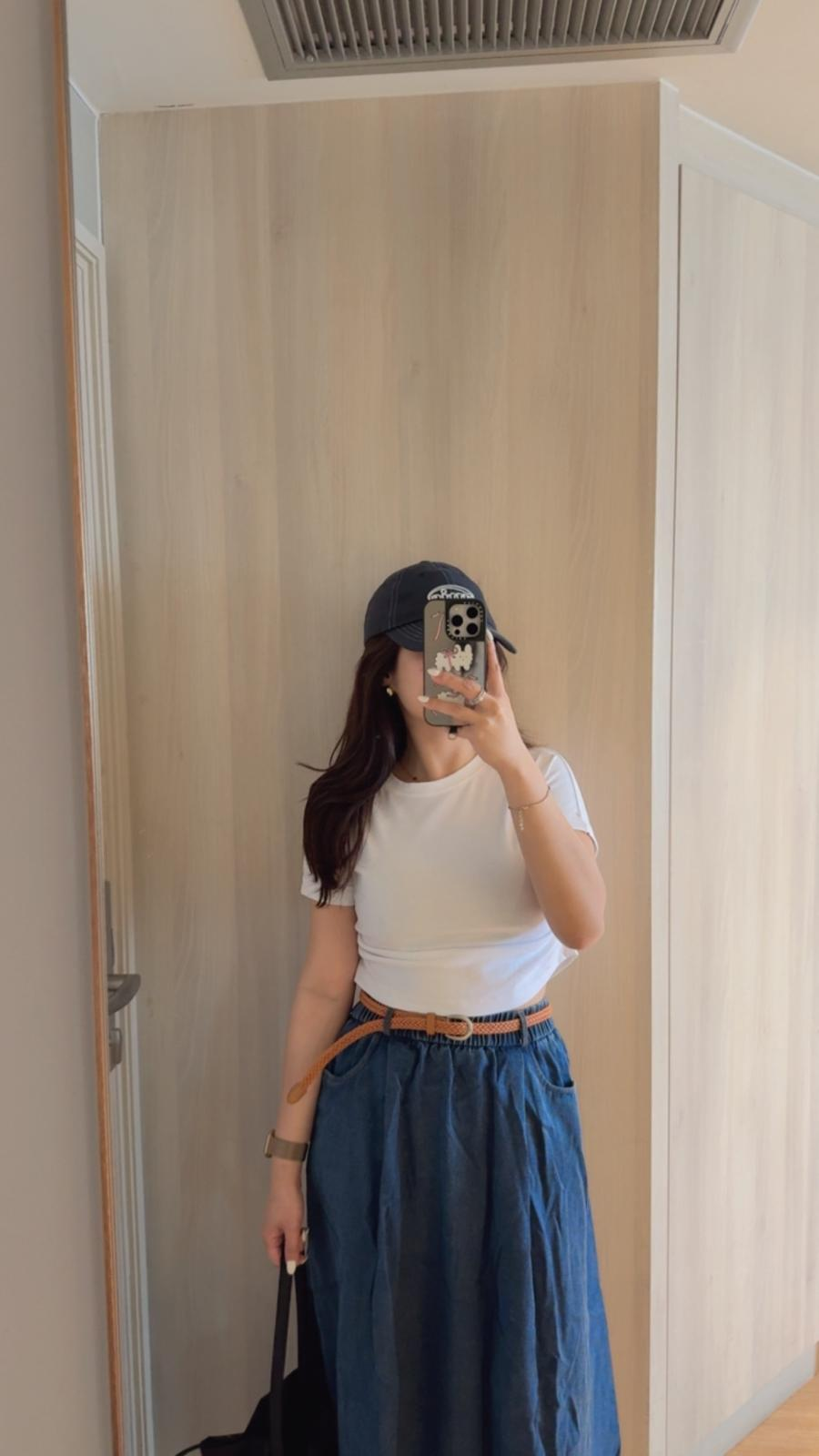 橡筋牛仔長裙連Belt(深藍色)